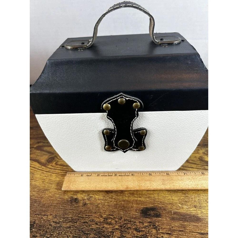 Black White Faux Leather Storage Box Decorative Trunk Case W/ Handle 8X6X7 Vtg